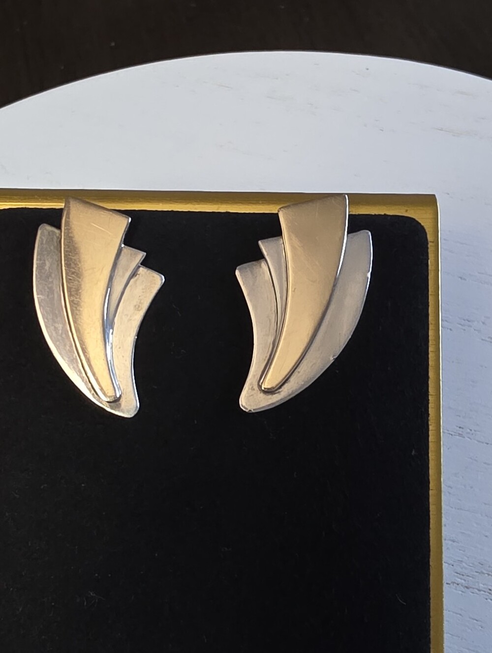 Vintage Maison Birks Sterling Silver And 10kt Hold Modernist Fan Earrings